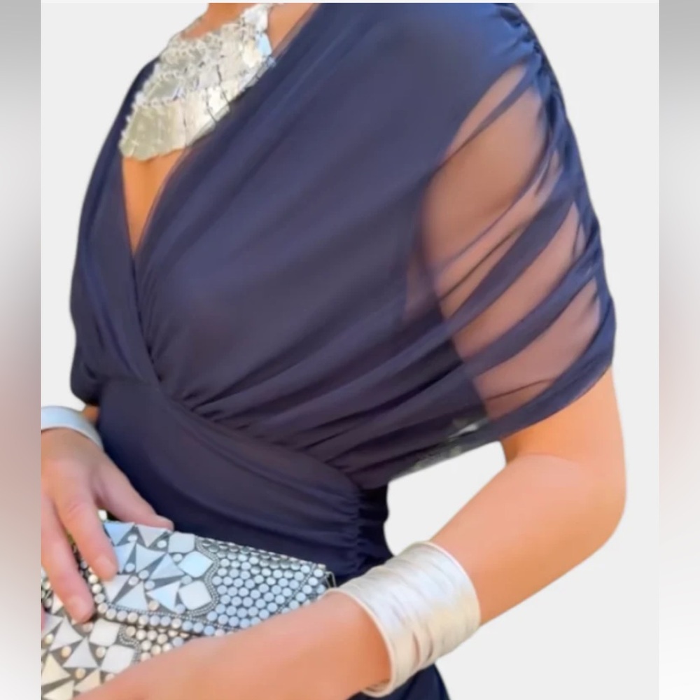 Navy Sheer Sleeve Wrap flowy Dress